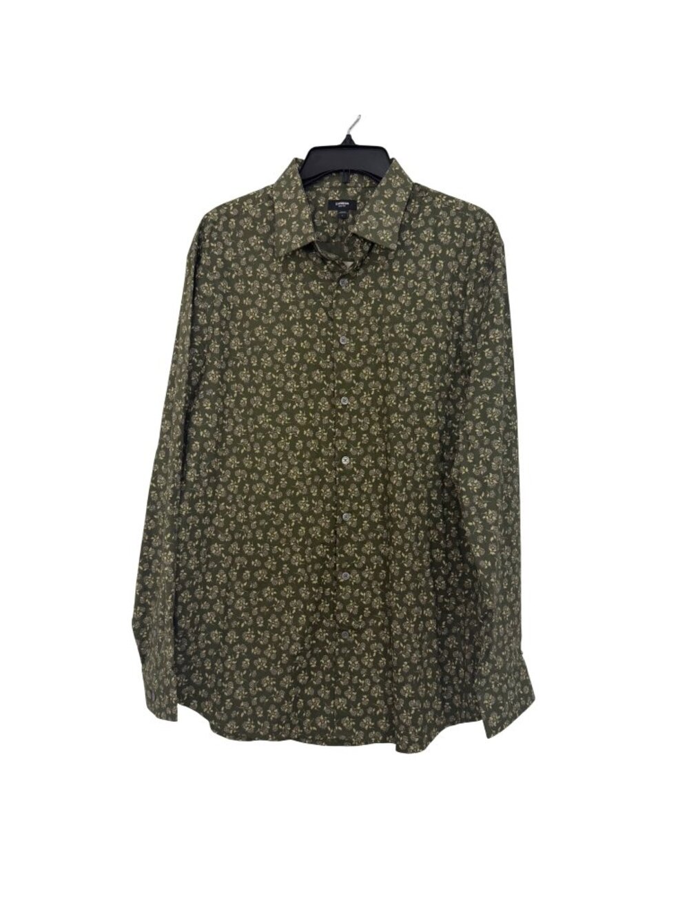 Express Mens Slim 1MX Button-Down Floral Print Shirt Green Olive Size Large